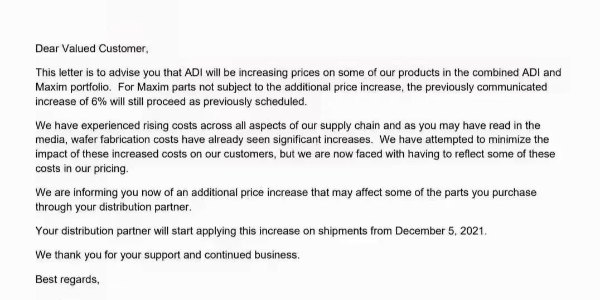 11月2日ADI发布最新动态将于12月上调部分产品报价